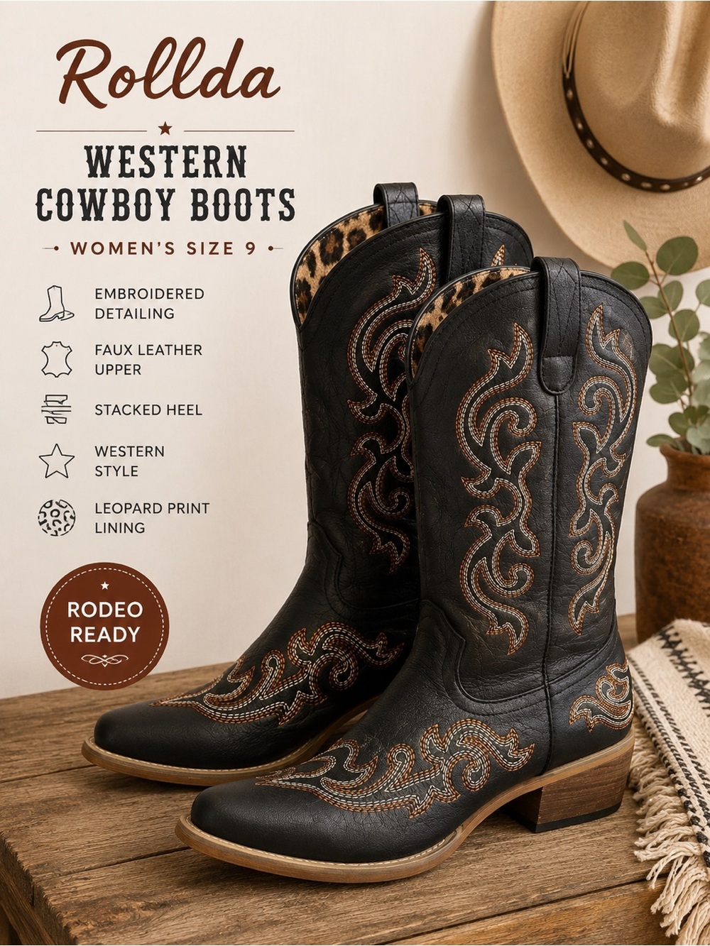 Rollda Women’s Black Embroidered Western Cowboy Boots Size 9 Mid-Calf Rodeo
